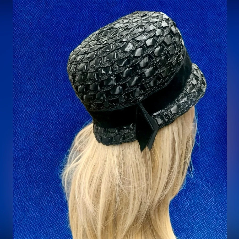 Vintage 50s Black Woven Cello Straw Derby Bucket Hat - Picture 7 of 9